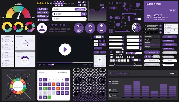 Vector a dark set of interface elements for web and mobile applications with modern icons buttons and graphs ideal for business analytics finance and data management