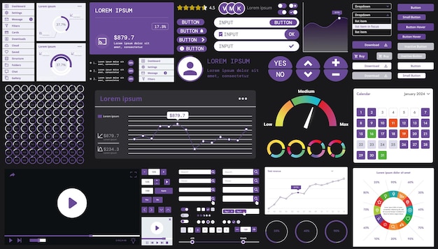 Vector a dark set of interface elements for web and mobile applications with modern icons buttons and graphs ideal for business analytics finance and data management