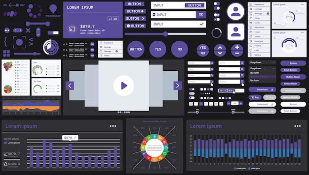 Vector a dark set of interface elements for web and mobile applications with modern icons buttons and graphs ideal for business analytics finance and data management