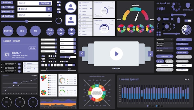Vector a dark set of interface elements for web and mobile applications with modern icons buttons and graphs ideal for business analytics finance and data management
