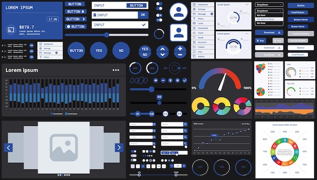 Vector a dark set of interface elements for web and mobile applications with modern icons buttons and graphs ideal for business analytics finance and data management