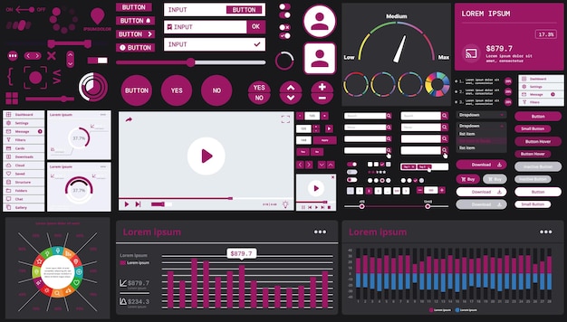 Vector a dark set of interface elements for web and mobile applications with modern icons buttons and graphs ideal for business analytics finance and data management
