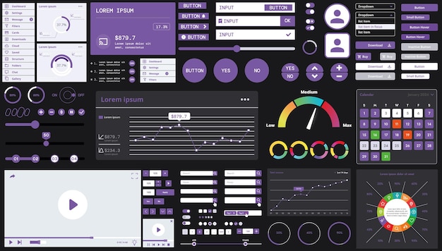 Vector a dark set of interface elements for web and mobile applications with modern icons buttons and graphs ideal for business analytics finance and data management