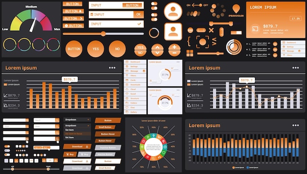 Vector a dark set of interface elements for web and mobile applications with modern icons buttons and graphs ideal for business analytics finance and data management