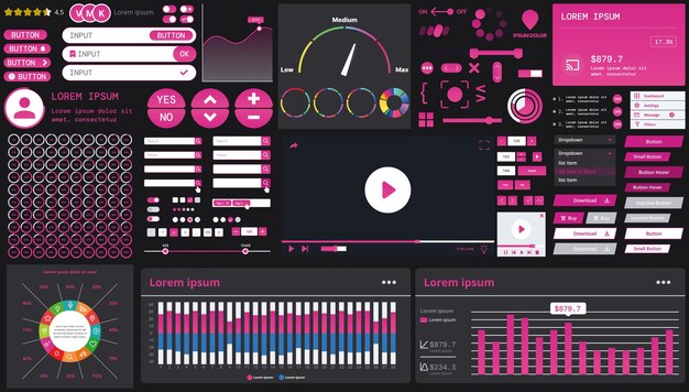Vector a dark set of interface elements for web and mobile applications with modern icons buttons and graphs ideal for business analytics finance and data management