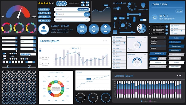 Vector a dark set of interface elements for web and mobile applications with modern icons buttons and graphs ideal for business analytics finance and data management