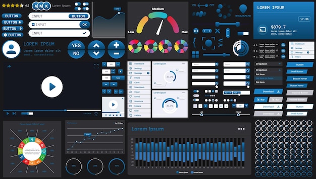 Vector a dark set of interface elements for web and mobile applications with modern icons buttons and graphs ideal for business analytics finance and data management