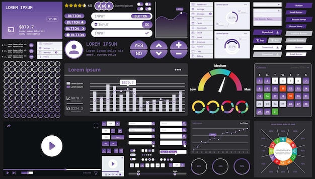 Vector a dark set of interface elements for web and mobile applications with modern icons buttons and graphs ideal for business analytics finance and data management