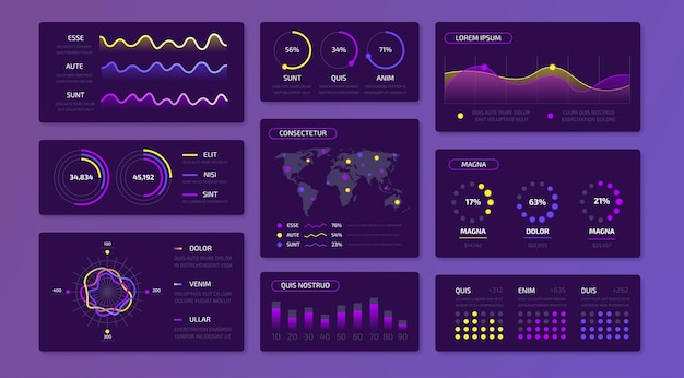 Vector dashboard data infographic ui kit for website admin panel with graphs charts and progress bars business data interface vector presentation