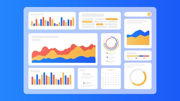 Vector dashboard interface design with data visualization graphs