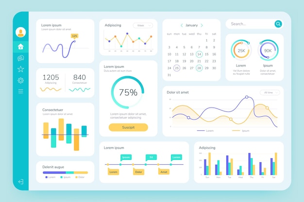 Vector dashboard ui. simple data software, chart and hud diagrams, admin panels. modern financial application interface template vector infographic. illustration report diagram visualization statistic