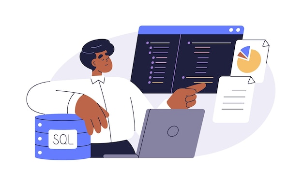 Vector data administrator database management with sql information technology digital storage and analysis concept coding and developing reports flat vector illustration isolated on white background