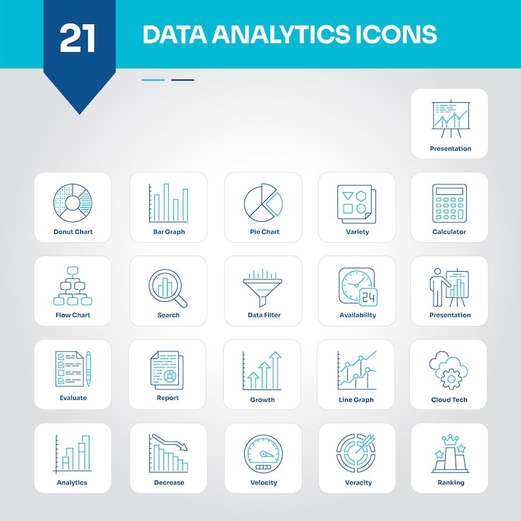 Data Analytics Icons Collection Set of Chart Graph Report Analysis Insights Metrics vector icon