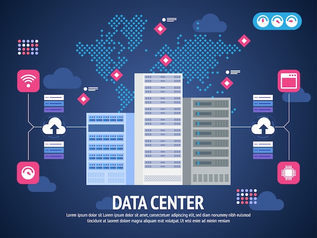 Vector data center cloud computer connection hosting server database synchronize technology