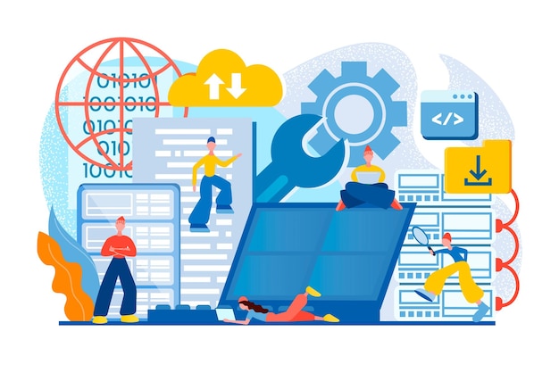 Vector data center cloud storage programmers tiny people ensure efficient operation data center