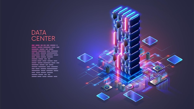 Vector data center isometric concept computing big data in datacenter big server rack connected at hardware infrastructure computer networks technology and ai data analyzing supercomputer in datacenter