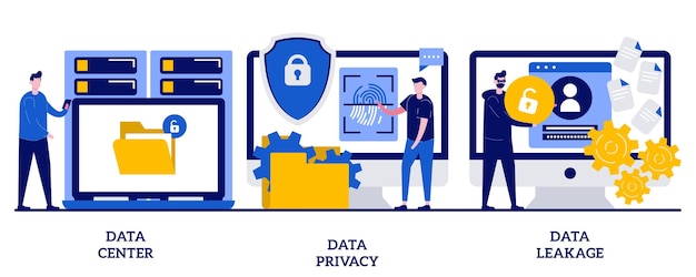 Vector data center, privacy and leakage concept with tiny people. internet privacy  set. computer system, remote storage, database networking, security software, hacker.
