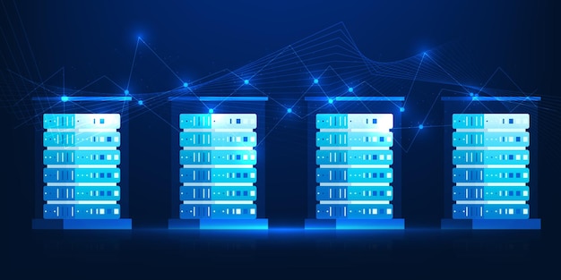 Vector data center technology background with server racks and water cooling system high performance data storage network infrastructure cloud computing secure data processing energy efficient cooling