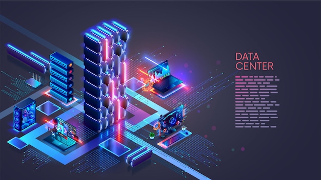 Vector a data center with ai servers users computers are connected via the internet to a data center with artificial intelligence servers and cloud data storage computer network and ai technology concept