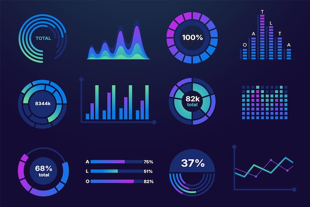 Vector data chart graph business statistics infographic elements dat analysis progress report presentation with line and bar diagrams vector pie chart isolated set