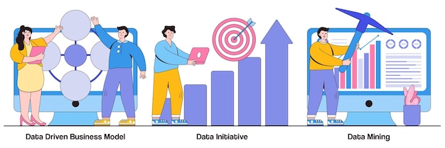 Vector data driven business model, data initiative, data mining concept with tiny people. machine learning and database systems abstract vector illustration set. computer science, code analysis metaphor.