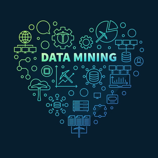 Vector data mining heart colored banner in thin line style database analytics concept heartshaped illustration with dark background