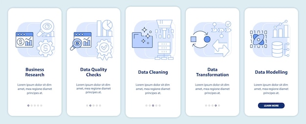 Vector data mining process blue onboarding mobile app screen