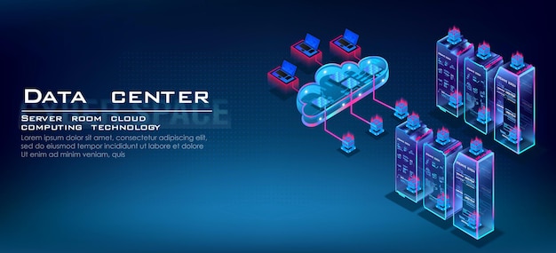 Vector data processing and cloud computing isometric concept server room for storing and processing information through web hosting server operation process data center and cloud computing