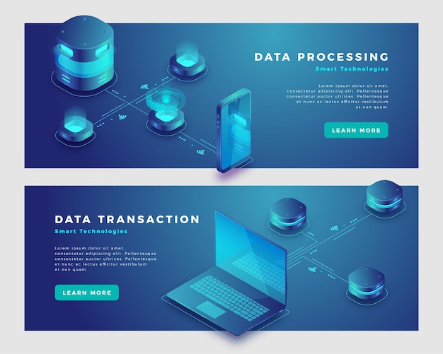 Vector data processing and transaction concept banner template