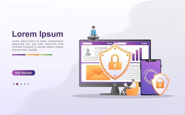 Vector data protection concept. people secure data management and protect data from hacker attacks. back up and save important data. can use for web landing page, banner, mobile app.