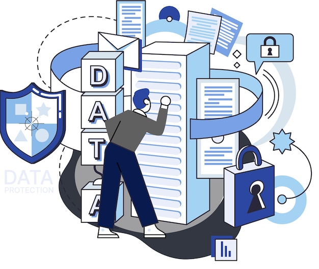 Vector data protection metaphor privacy information security secure data management and protect data hacker attacks protected access control antivirus software safe internet communication secure storage