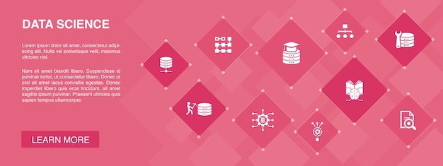 Vector data science banner 10 icons concept.machine learning, big data, database, classification simple icons