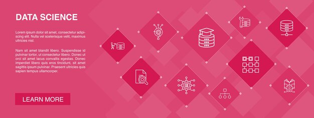Vector data science banner 10 icons concept.machine learning, big data, database, classification simple icons