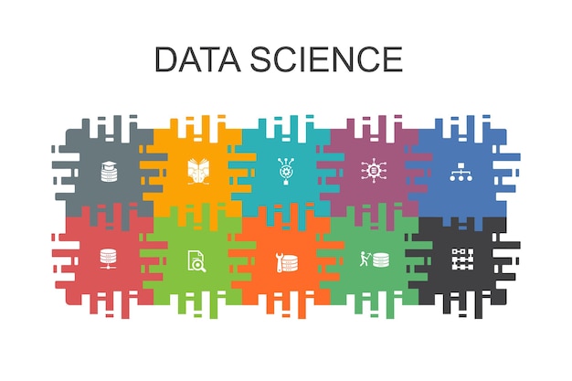Vector data science cartoon template with flat elements contains such icons as machine learning big data database classification