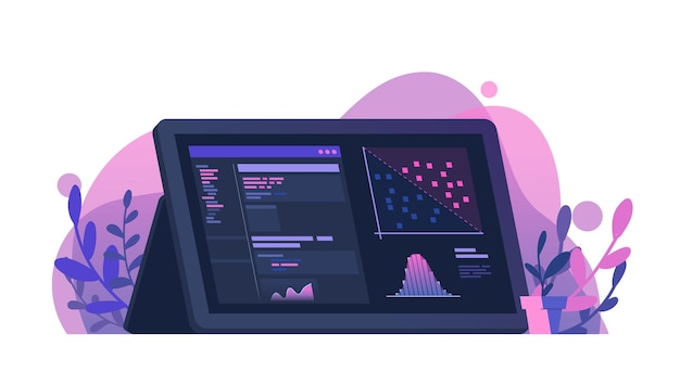 data science programming and data visualization illustration in monitor dashboard flat vector