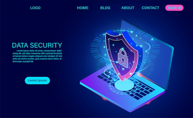 Vector data security modern landing page, protects data from thefts data and hacker attacks. isometric flat design. vector illustration