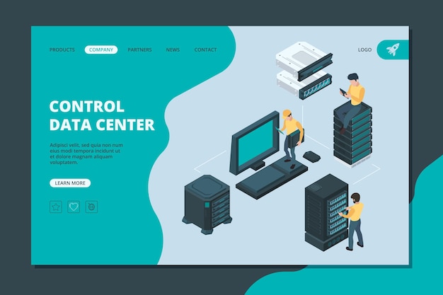 Vector data server landing. software and hardware items for global storages ethernet computer services vector isometric server. illustration hardware computing server, web storage