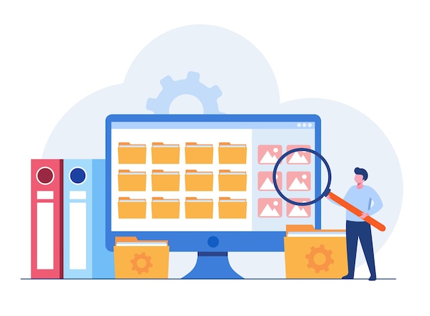 Vector data server web concept storage technology database template of people scene vector illustration with character activities in flat design for website folder data center