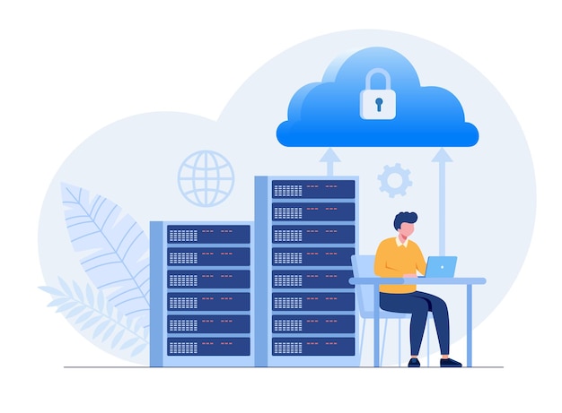 Vector data server web concept storage technology database template of people scene vector illustration with character activities in flat design for website folder data center