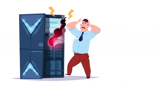 Vector data storage problem center with hosting servers and staff. error computer technology network and database internet center communication support  