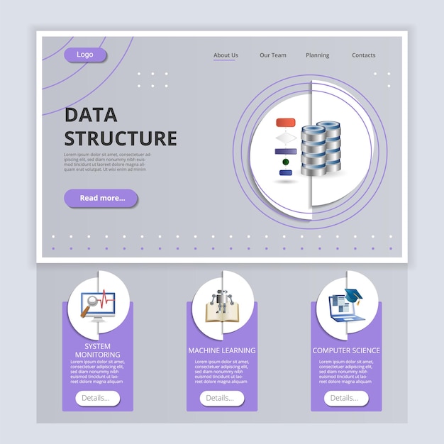 Vector data structure flat landing page website template system monitoring machine learning computer