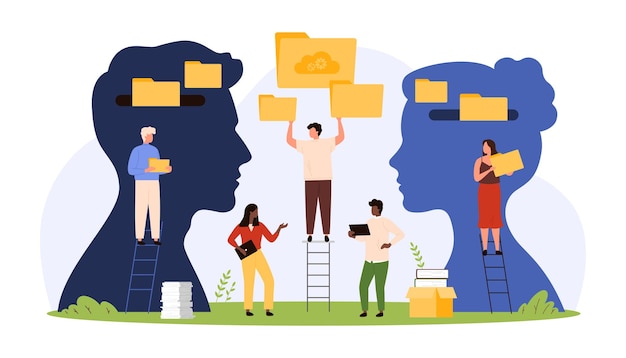 Vector data transfer exchange of digital information by tiny people holding archives with files