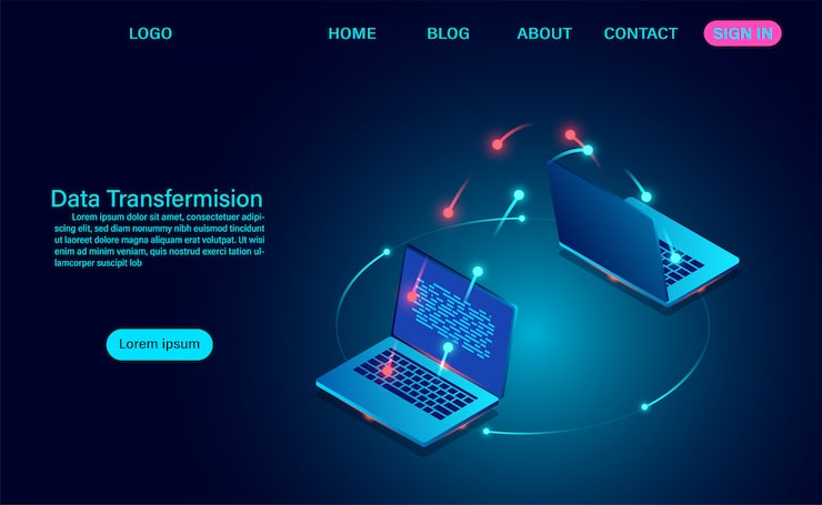 Data Transfermision and exchange of data between computers. vector illustration isometric style