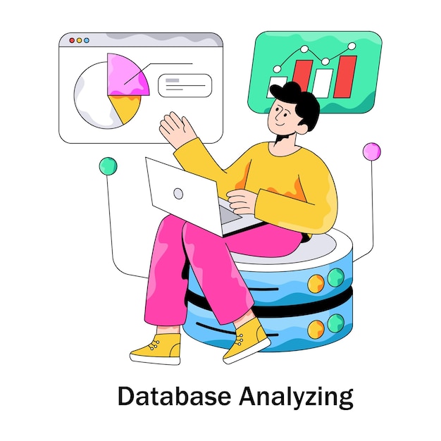 Vector database analyzing a man working with data charts and graphs