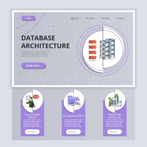 Vector database architecture flat landing page website template ai customer service file management