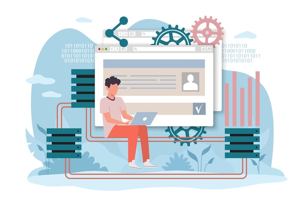 Vector database hardware hosting sharing disk space for file storage programmer with laptop backup disk cloud technology computing infrastructure vector cartoon flat isolated concept