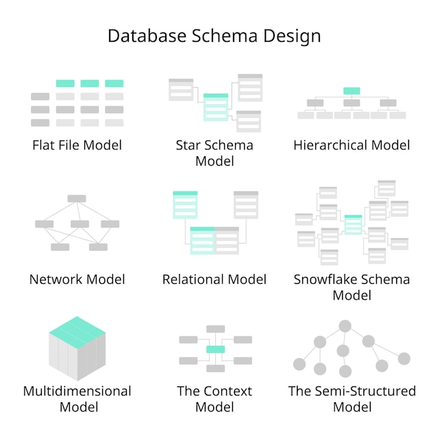 Vector database schema design of flat file model hierarchical model network relational star schema