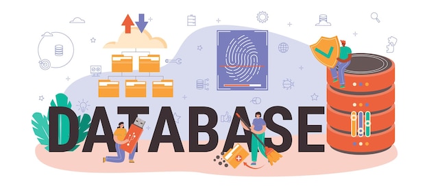 Vector database typographic header. manager working at data center. data protection, backup and restore. modern computer technology, it profession. flat vector illustration