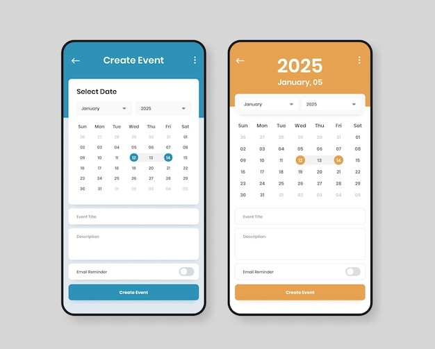 Vector date selection and event creation ui design for mobile applications with two theme variations