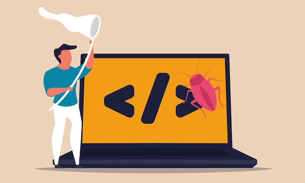 Vector debugging code software and search bug error from screen laptop source datum testing and fixing